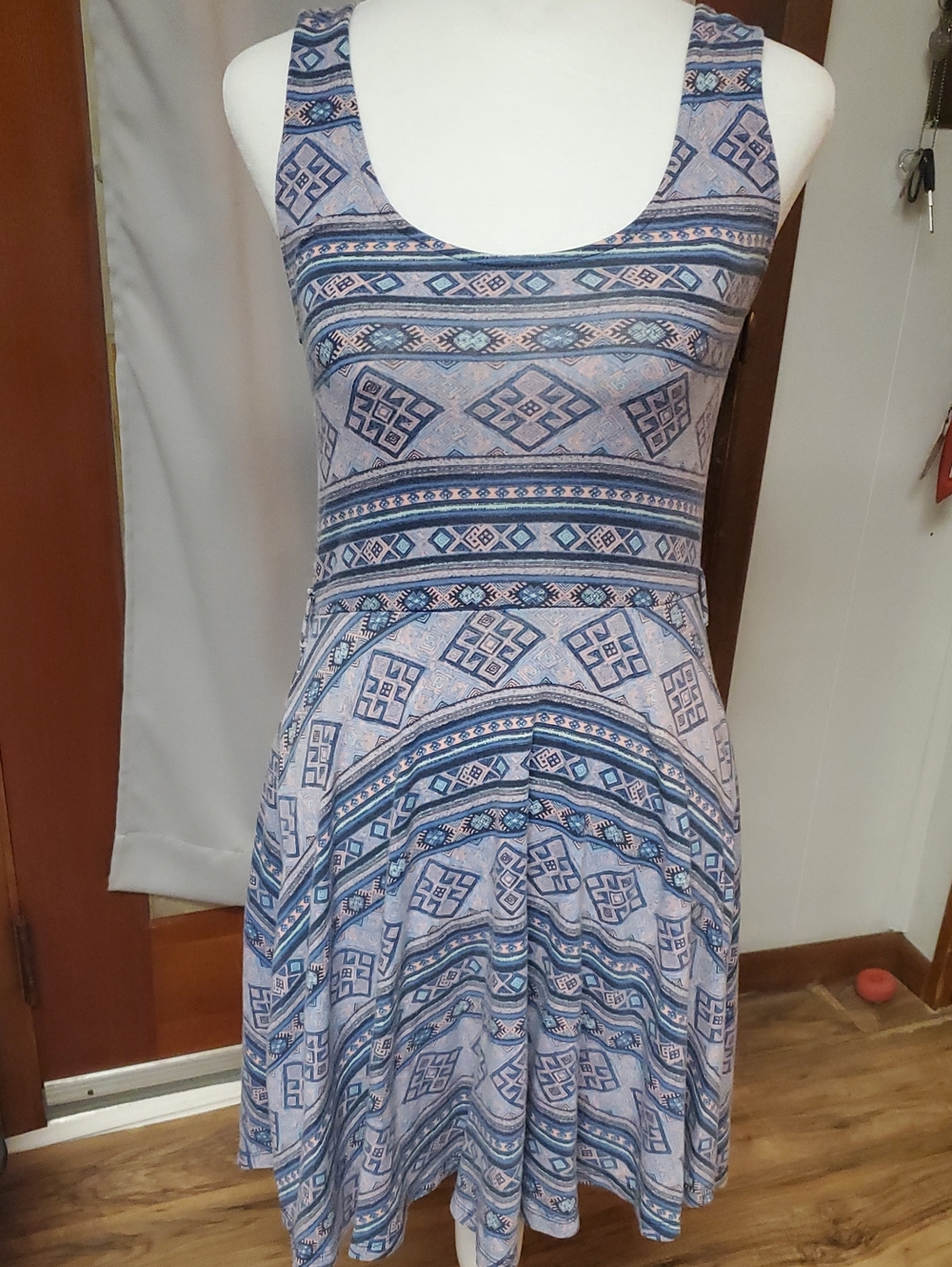 Forever 21 Blue & White Aztec Scoop Neck Fit-and-Flare Mini Dress
